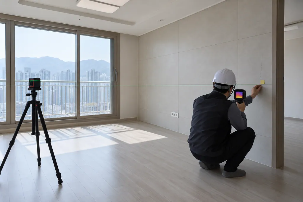 새 아파트 빈 거실을 열화상 카메라로 점검하는 모습