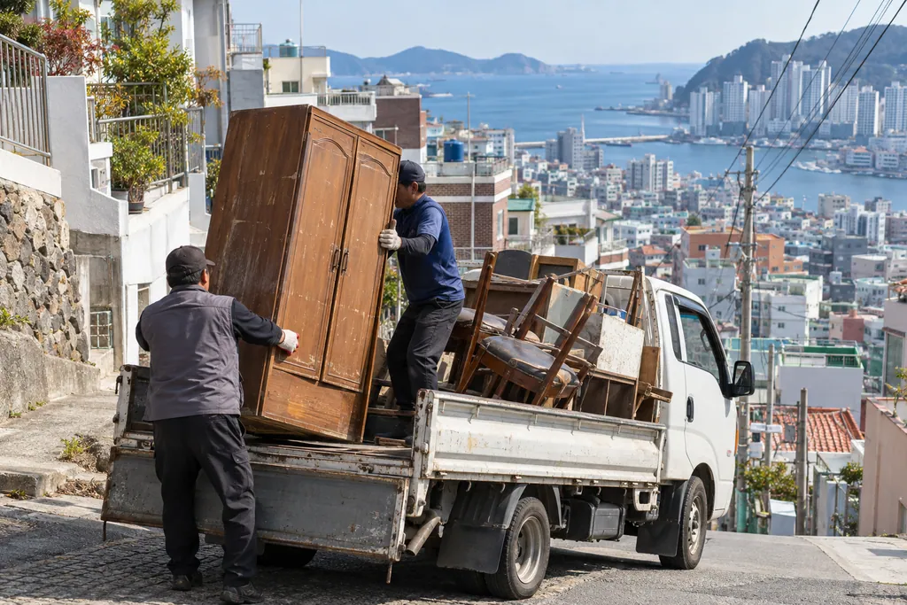 언덕 골목에서 헌 장롱을 트럭에 싣는 두 사람