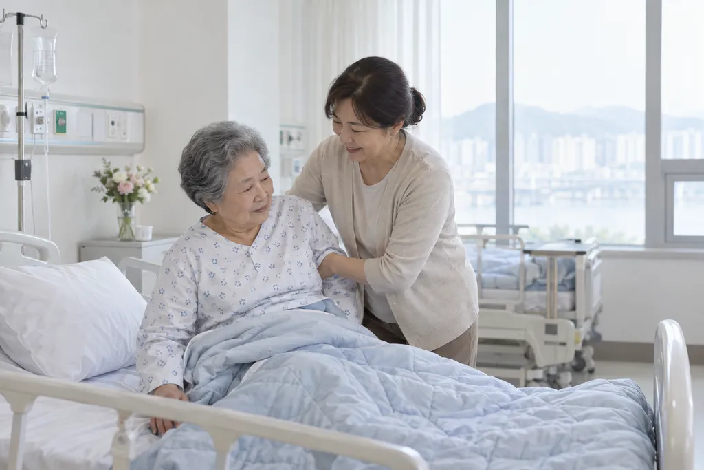 병실에서 노인 환자를 돌보는 간병인