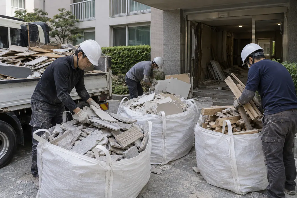 타일·석고보드·목재를 마대에 나눠 담는 작업자들