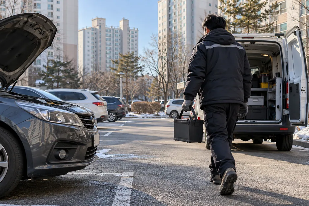 겨울 아침 주차장에서 새 배터리를 들고 가는 작업자