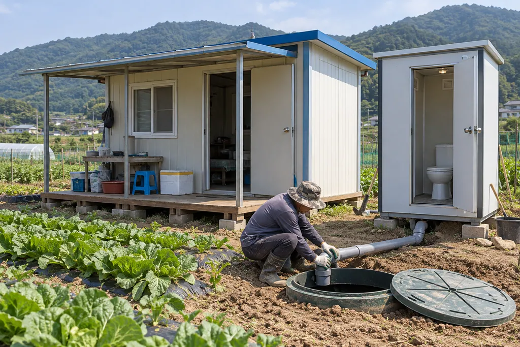 농막 옆 화장실 칸과 땅에 묻은 탱크 배관 작업