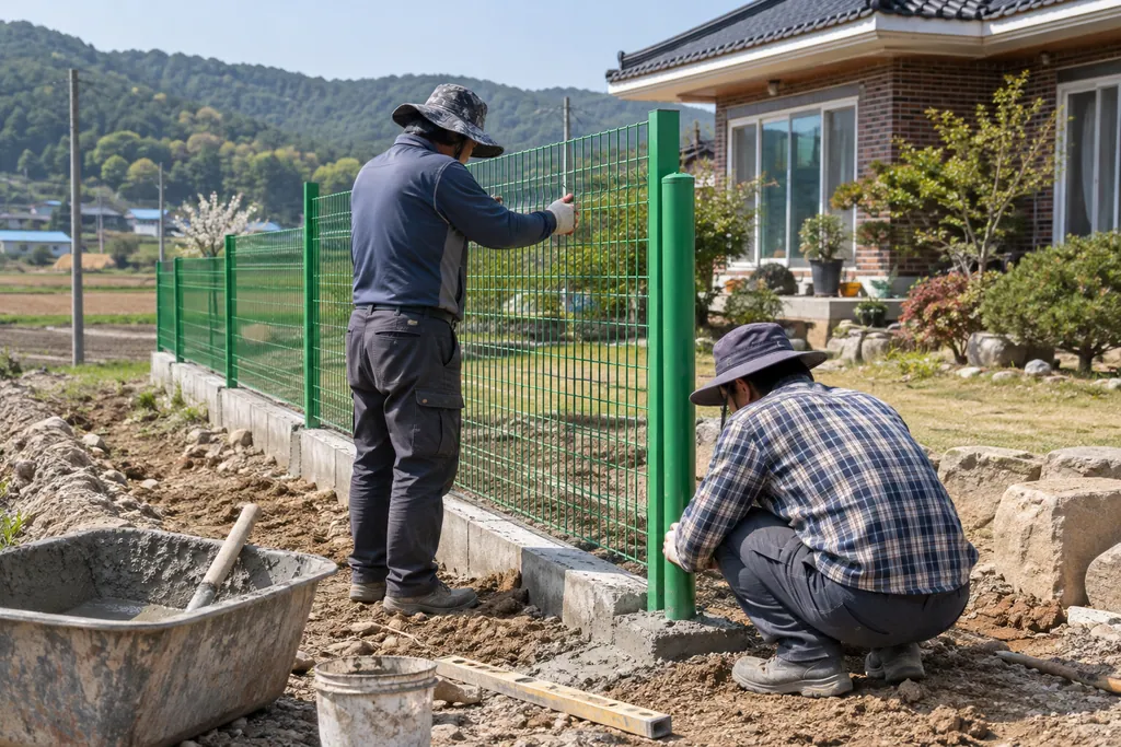 마당 가장자리 기둥에 초록 메쉬 펜스를 다는 두 작업자