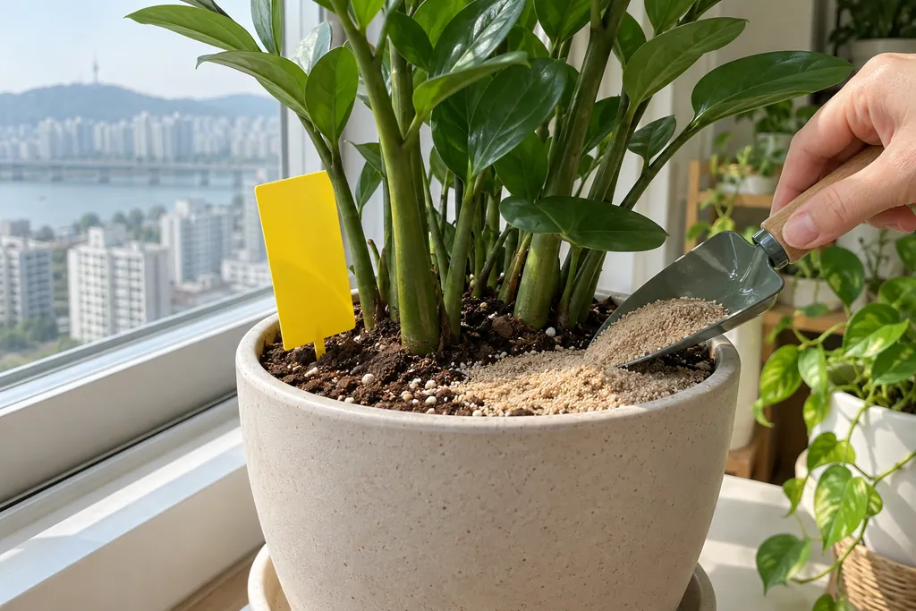 화분 흙에 모래를 덮고 노란 끈끈이를 꽂은 모습