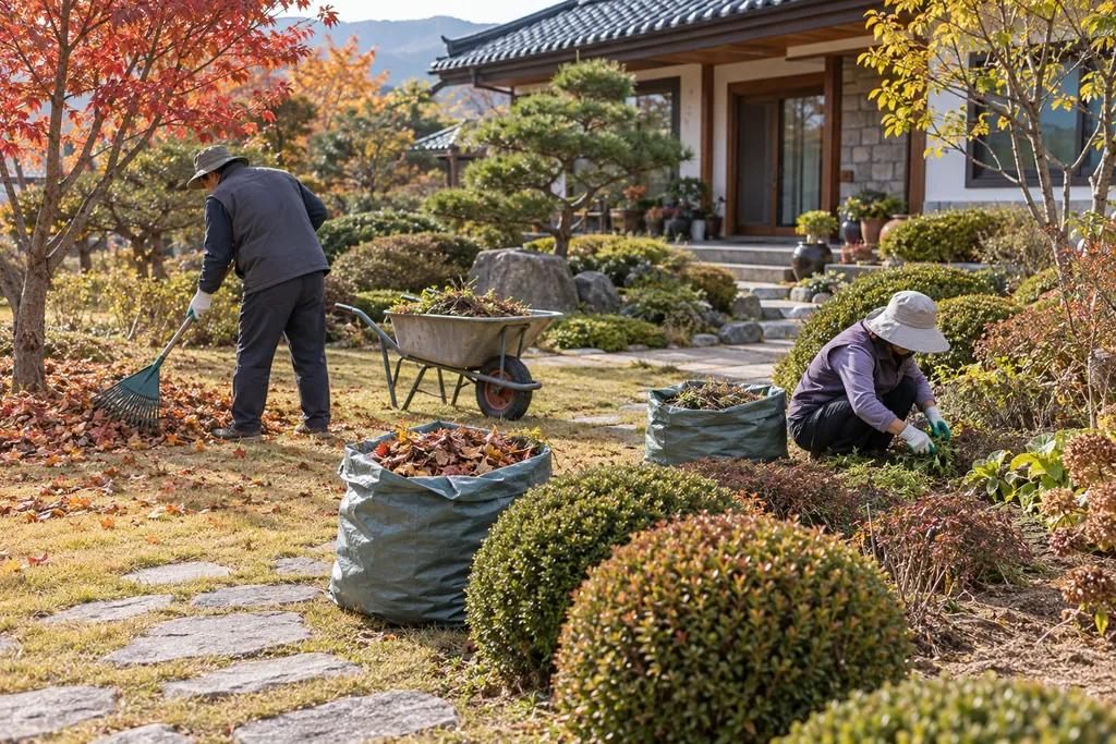 가을 마당에서 낙엽을 긁고 잡초를 뽑는 정원사 두 명