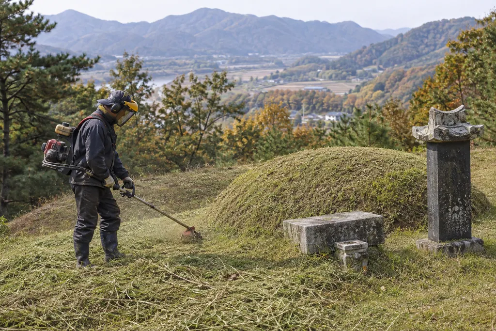 산비탈 봉분 주변 풀을 예초기로 깎는 작업자