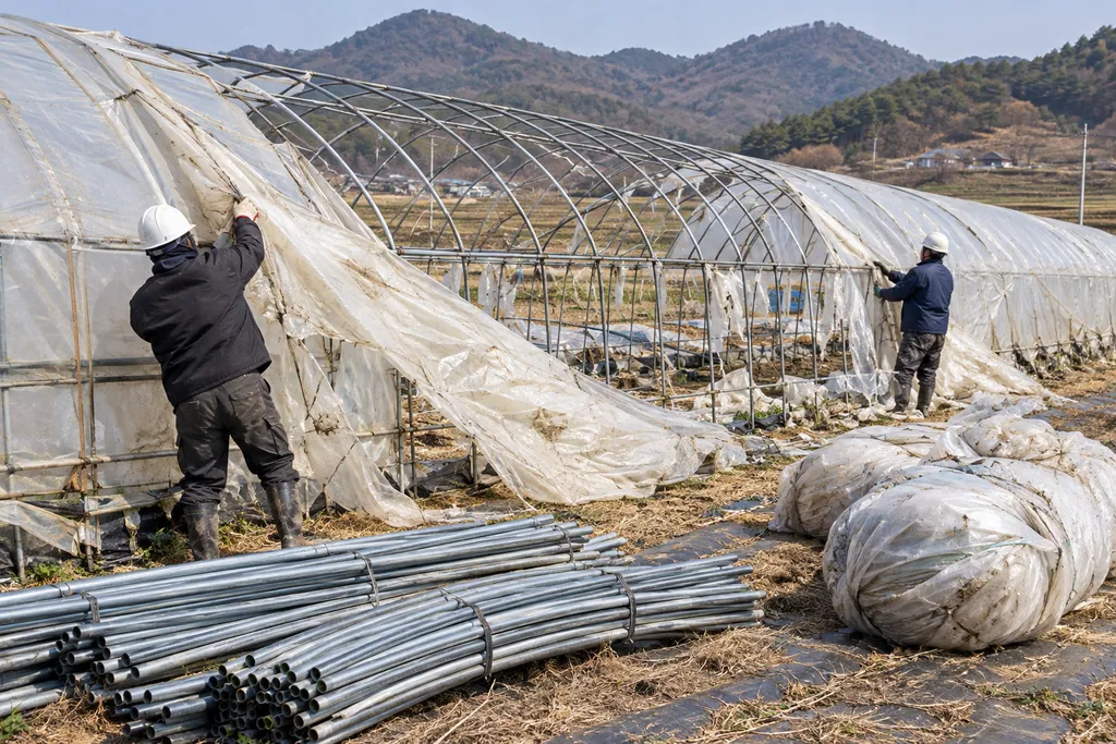 하우스 골조에서 낡은 비닐을 걷어 내는 두 작업자