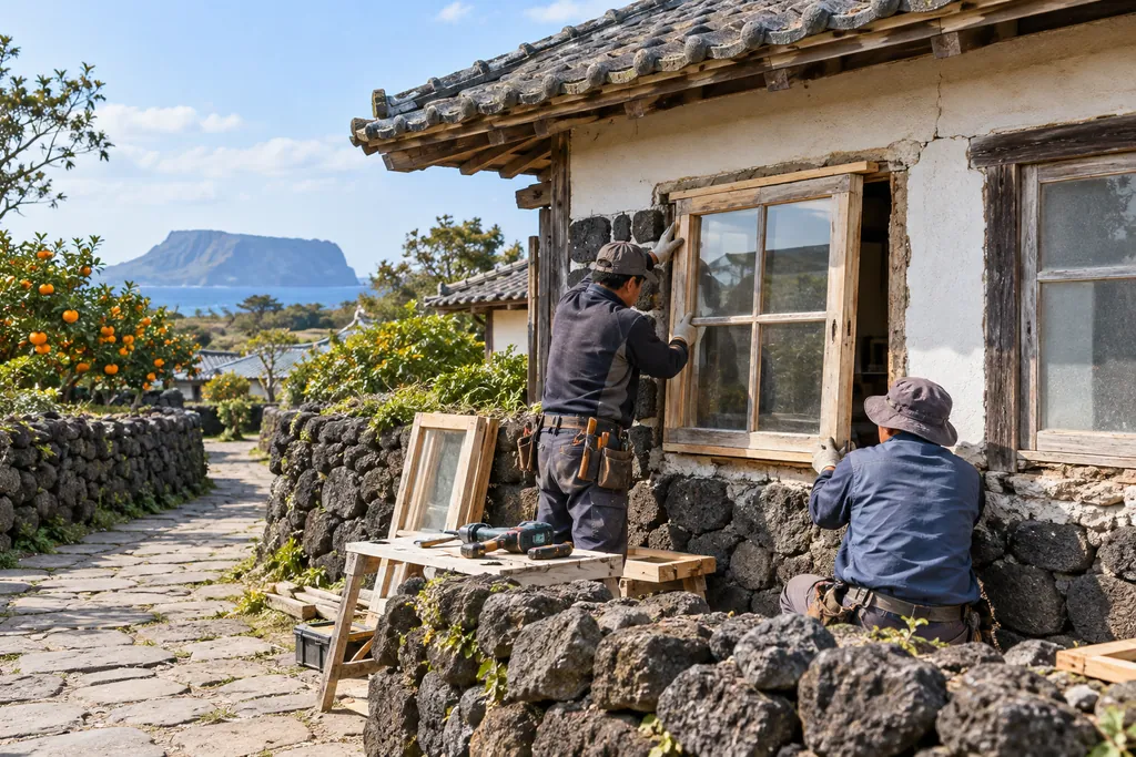 돌담 옆 낡은 단층집 나무 창틀을 바꾸는 두 사람