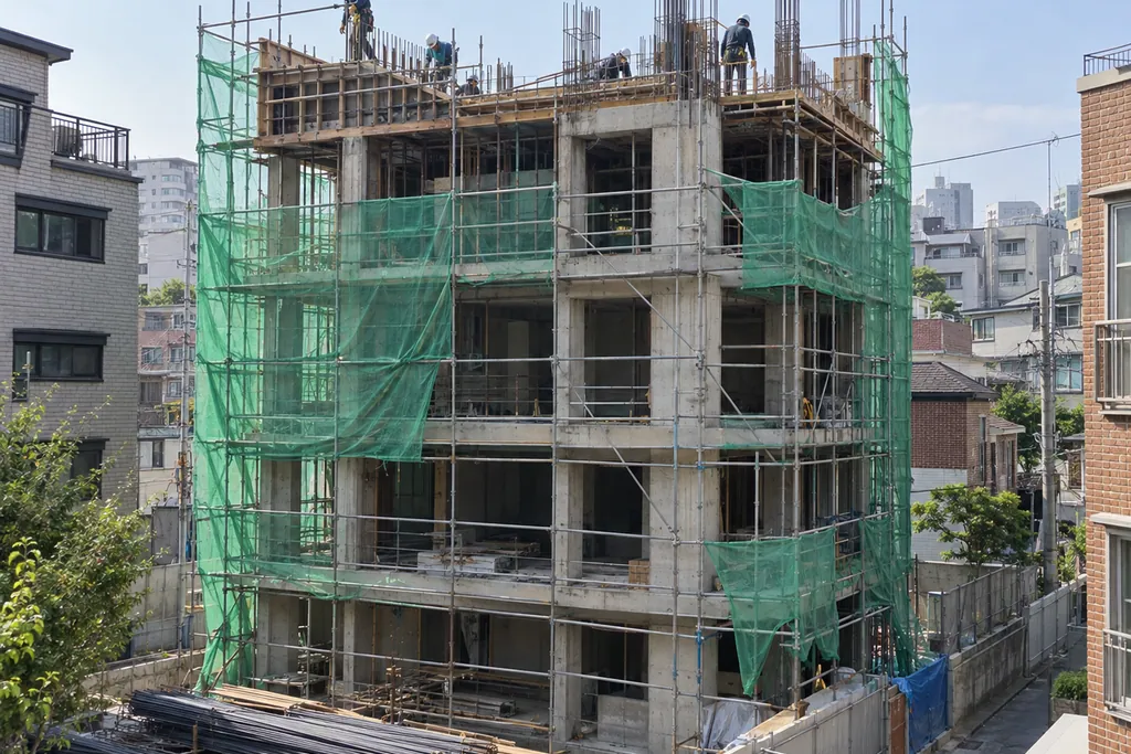 비계와 녹색 안전망을 두른 4층 다가구주택 골조 공사