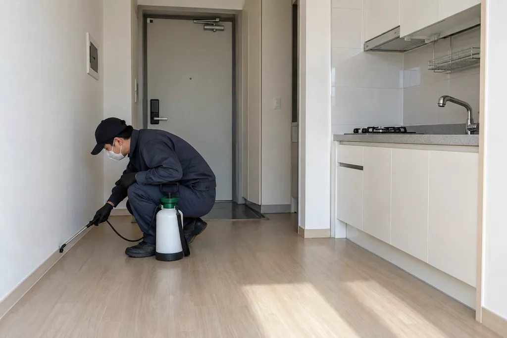 빈 원룸 현관 걸레받이에 약제를 뿌리는 방역 기사