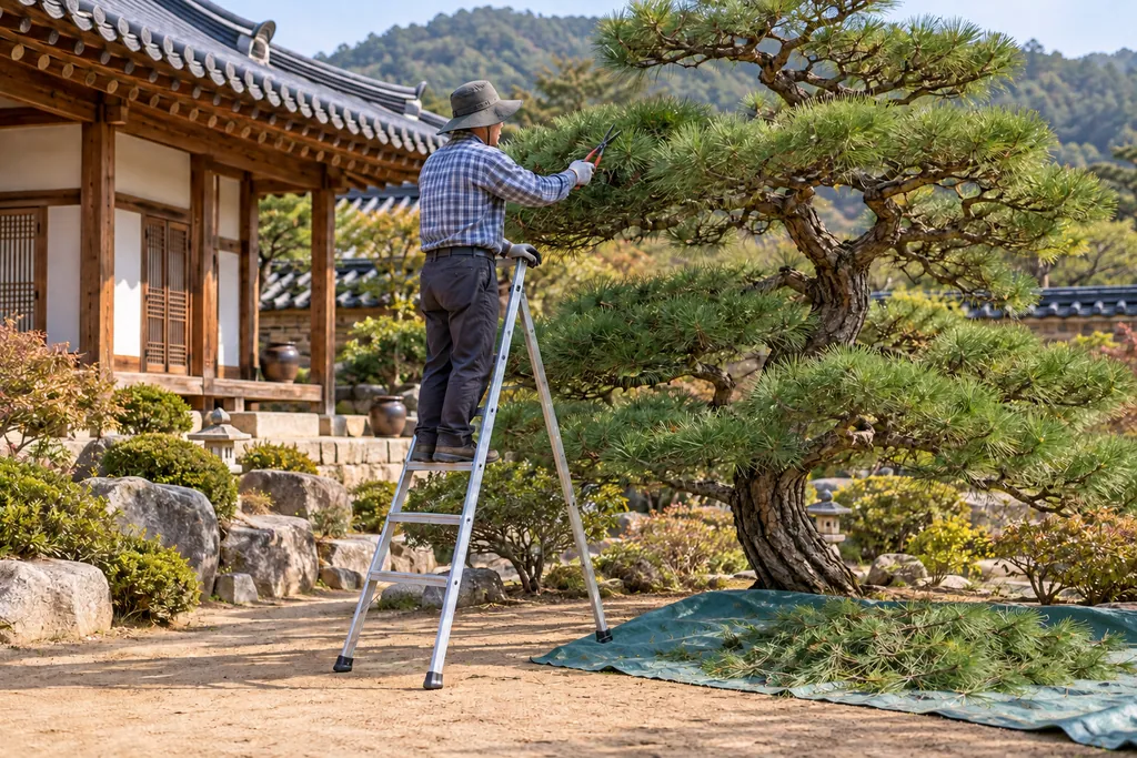 세 발 사다리에서 소나무를 다듬는 정원사