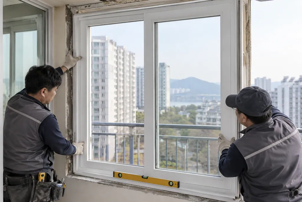 발코니에 새 PVC 창틀을 다는 작업자들